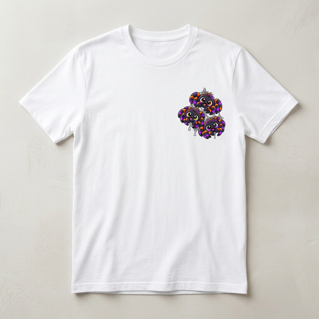Orange-and-purple spider left-chest T-shirt flat-lay mockup