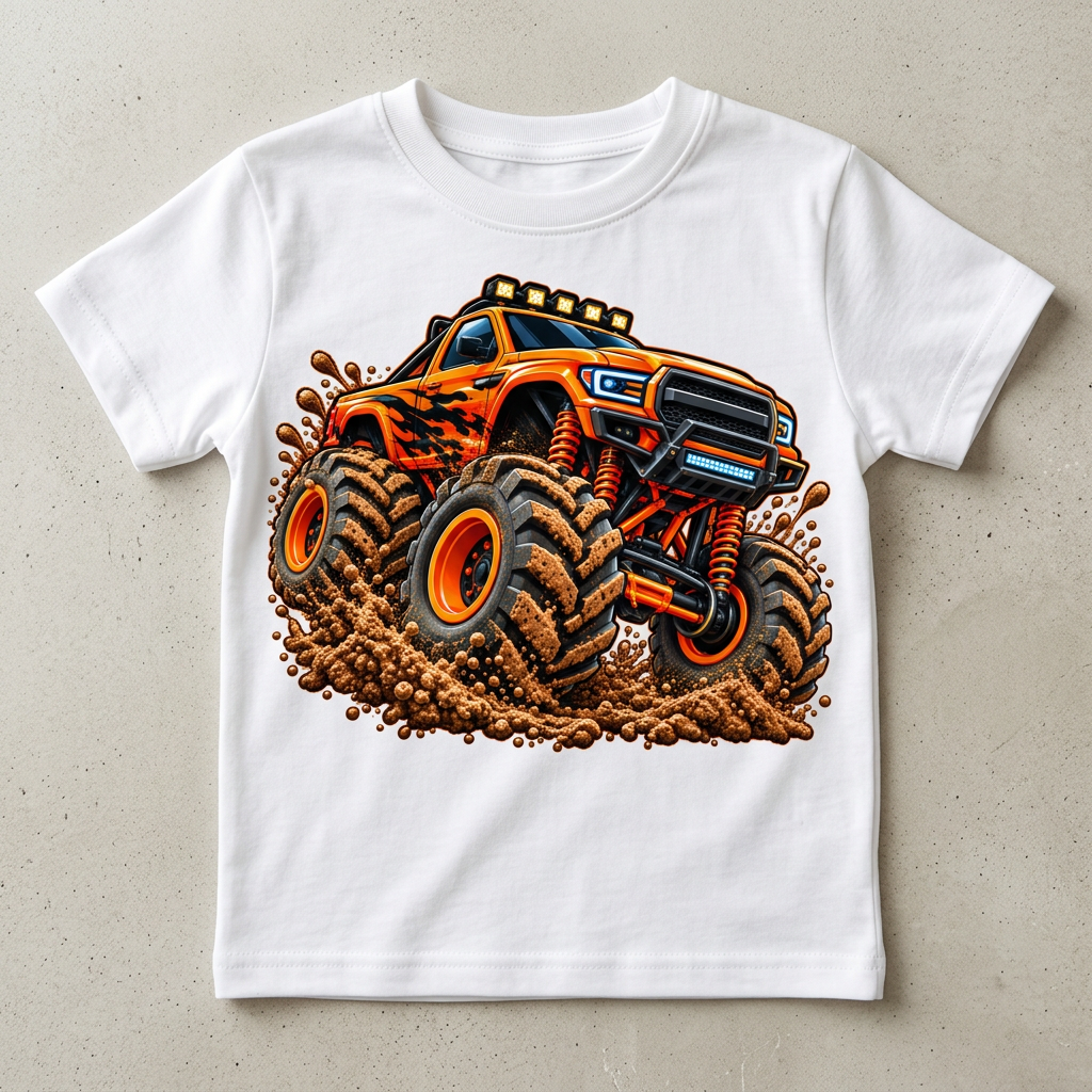 Orange monster truck toddler shirt flat-lay mockup