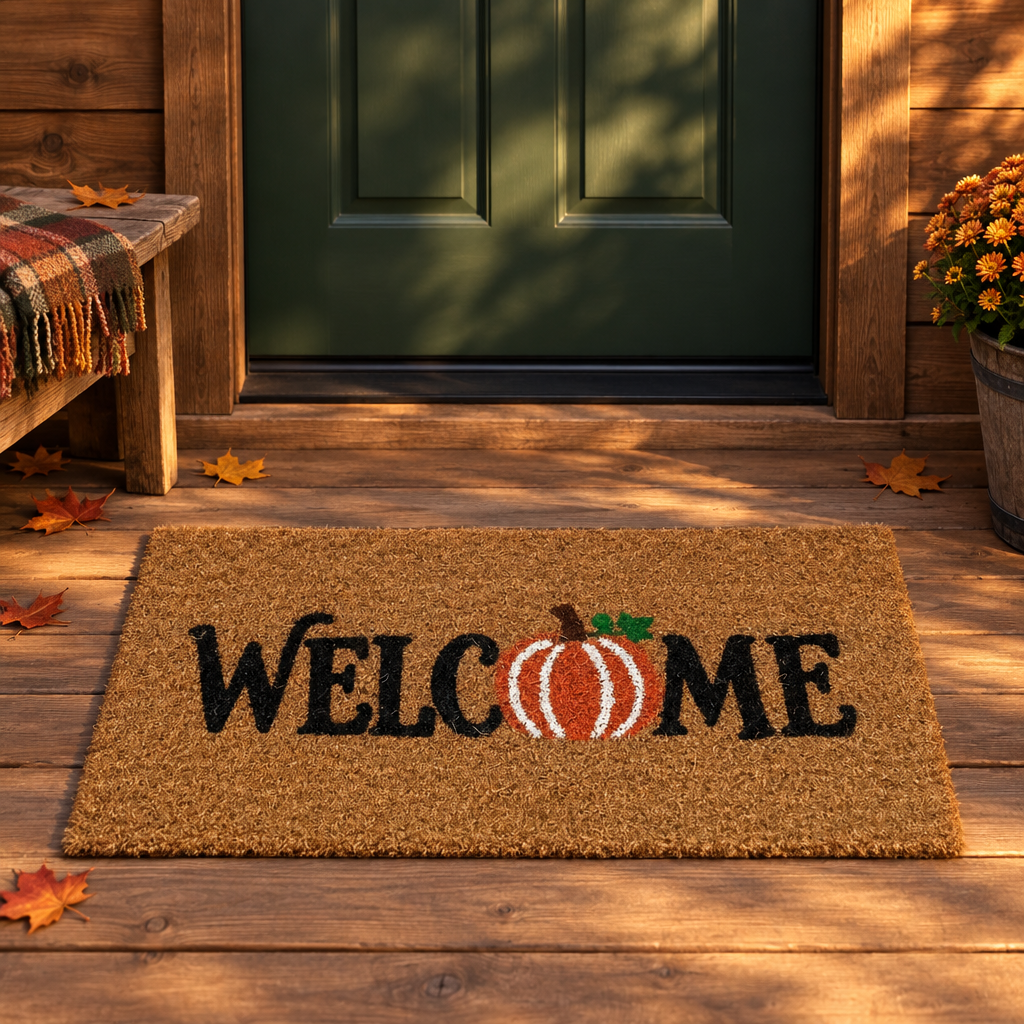 Orange pumpkin mat at a cabin entry