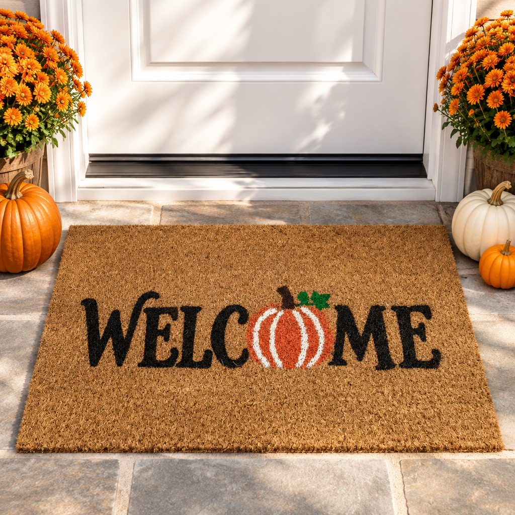 Orange pumpkin mat on a bright fall porch