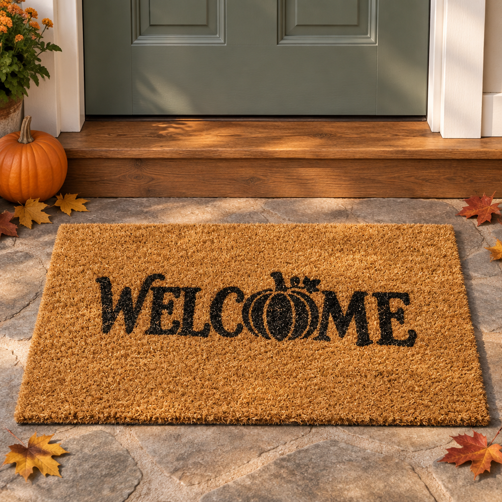 Pumpkin welcome coir mat at a cottage entry