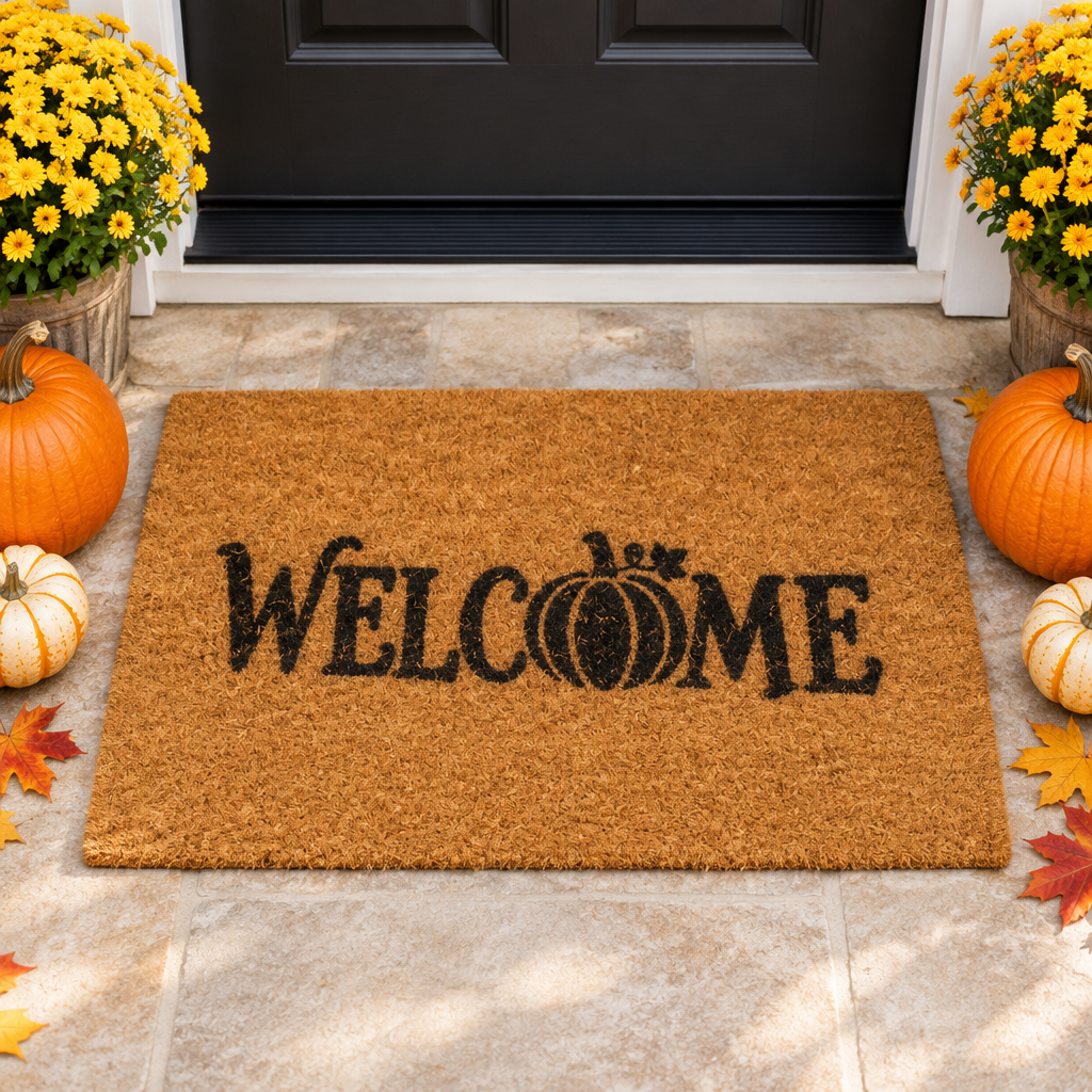 Pumpkin welcome coir mat on a fall porch
