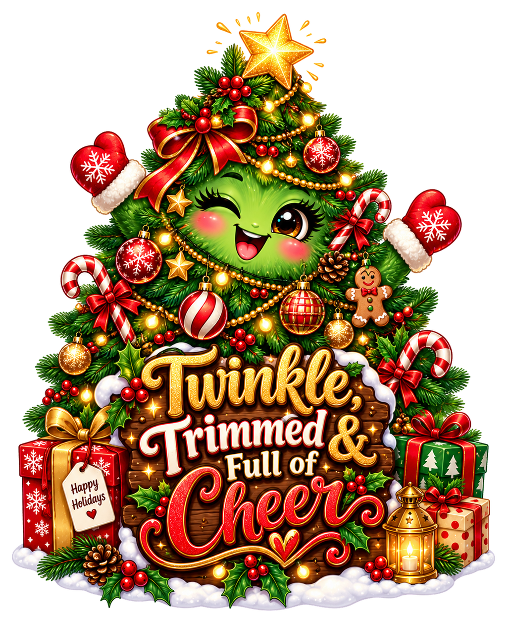 Twinkle, Trimmed & Full of Cheer T-Shirt – Cute Christmas Tree DTF Print